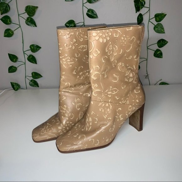 Greenwich Village Leather Heeled Boots Size 5.5 Tan Floral Mid Calf Square Toe - Picture 3 of 10